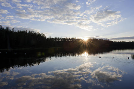 Glasklarer See in Finnland mit Waldspiegelung
