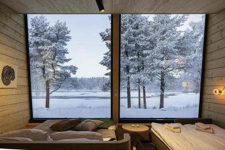 Ausblick auf den Muonio Fluss, Panorama-Glashütte