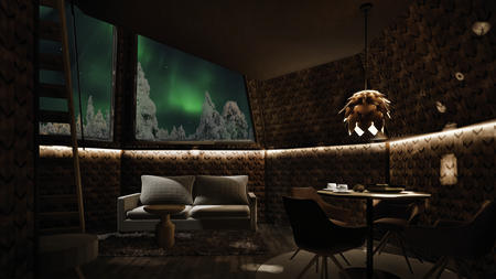 Wohn- und Essbereich, zweistöckige Glasdachhütte