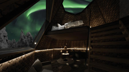 Wohn- und Essbereich befinden sich unten, zweistöckige Glasdachhütte