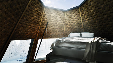 Schlafbereich oben mit Himmelsblick, zweistöckige Glasdachhütte