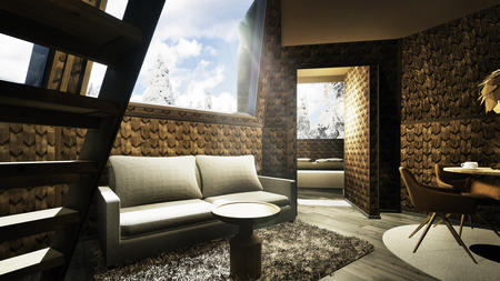 Wohnbereich und angeschlossenenr zweiter Schlafbereich, zweistöckige Glasdachhütte mit zwei Schlafbereichen